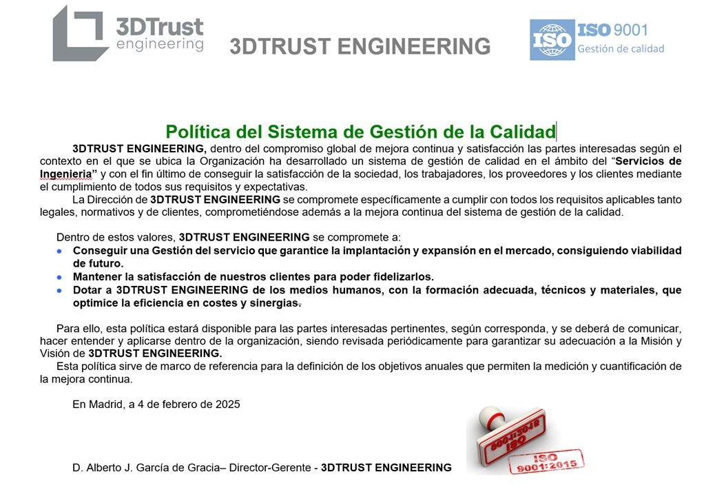 Politica del Sistema de Gestion de la Calidad ISO 9001 - 3DTrust Engineering